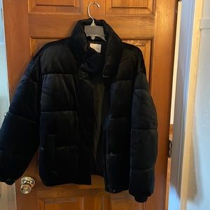 Black puffer jacket with velvety feeling outer shell
